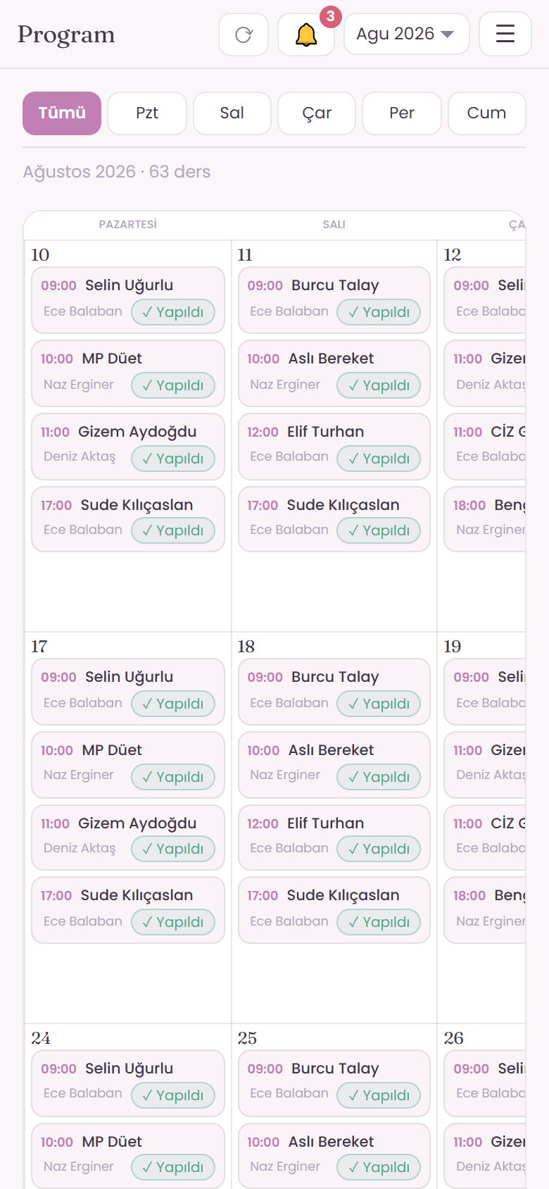 Ders programi ekrani